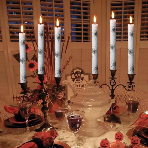 Image of Halloween Flameless Taper Candles Battery Operated with Remote and Timer, Real Wax 3D Wick Flickering LED Taper Candle Spider Web Decals Dinner Table Halloween Decor(4 Pack, 0.78 inchD x 9.64 inchH)