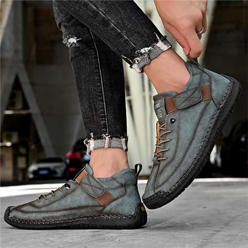 Image of Men'S Hand Stitching Leather Chukka Ankle Boots with Adjustable Elastic Band Casual Slip-On Non-Slip Walking Loafers Retro High Top Flat Shoes