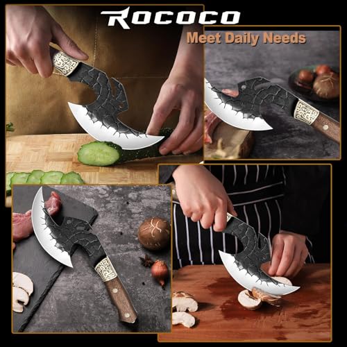Image of ROCOCO Viking Cleaver Knife Birthday - Full Tang Kitchen Axe Gift Men | Hand Forged Butcher Meat Cutting Boning Knife Home Outdoor BBQ Camping Birthday Father Mother Gift