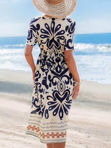 Image of CUPSHE Summer Womens Summer Dresses V Neck Short Sleeve Vacation Casual Smocked Beach Midi Wedding Guest Dress
