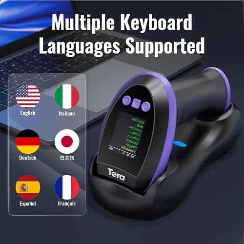 Image of Tera Barcode Scanner Wireless with Screen: Pro Version 1D 2D QR with Setting Keypad Charging Cradle Works with Bluetooth 2.4G Wireless USB Wired Handheld Bar Code Reader HW0009 Purple