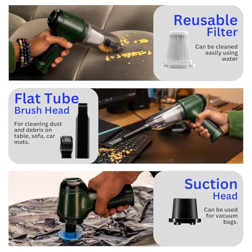 Image of DDN R XABRCO Car Vacuum Cleaner 3 in 1 with 4 Attachments & Blower | Cordless Vacuum Cleaner for Car Home /Office /Keyboard /Travel /Sofa /Office (Green)