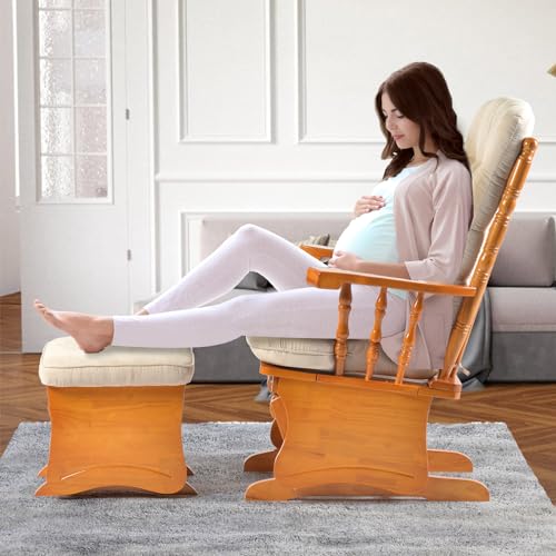 Image of Rubber Wood Nursery Glider and Ottoman Set, Quiet Smooth Gliding Rocking Chair for Breastfeeding, Comfy Upholstered Glider for Living Room Bedroom