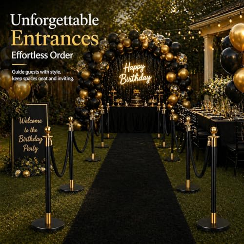 Image of 8 Pack Black&Gold Stanchions and Velvet Ropes Set, Stainless Steel Crowd Control Barriers, 6Pcs Black Ropes and Poles for Party Supplies,Photobooth Accessories, Prom,Birthday,Business,Wedding, Museums