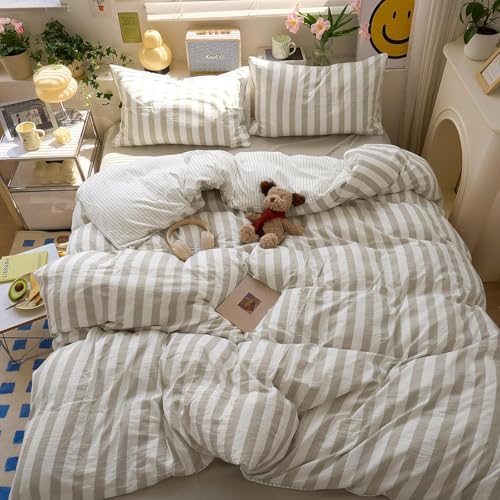 Image of Striped Duvet Cover Queen Size Khaki White Stripes Reversible Bedding Set Vertical Striped Duvet Cover Set Soft Lightweight Microfiber Quilt Cover with Zipper Closure and 2 Pillowcases