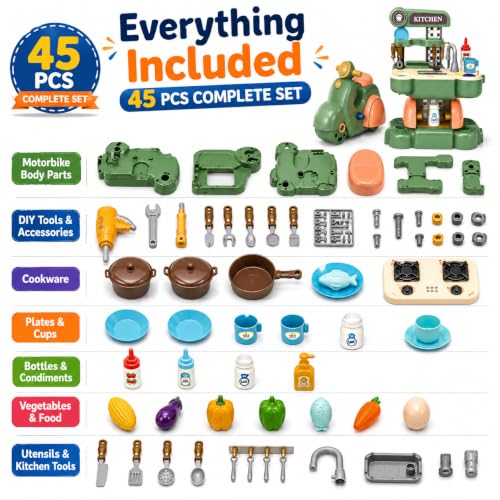 Image of 2-in-1 Kids Kitchen Playset & Ride-On Motorcycle, 45 PCS Toy Set