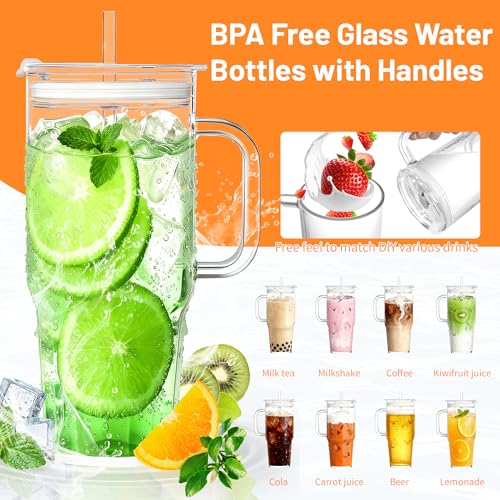 Image of Birity 2Pack 40OZ Glass Tumbler with Handle,Glass Cup with Lid and Straw,Reusable Glass Iced Coffee Cup for Beer, Smoothies, Juice,Hot /Cold Drinks-Suitable for Birthday,Wedding