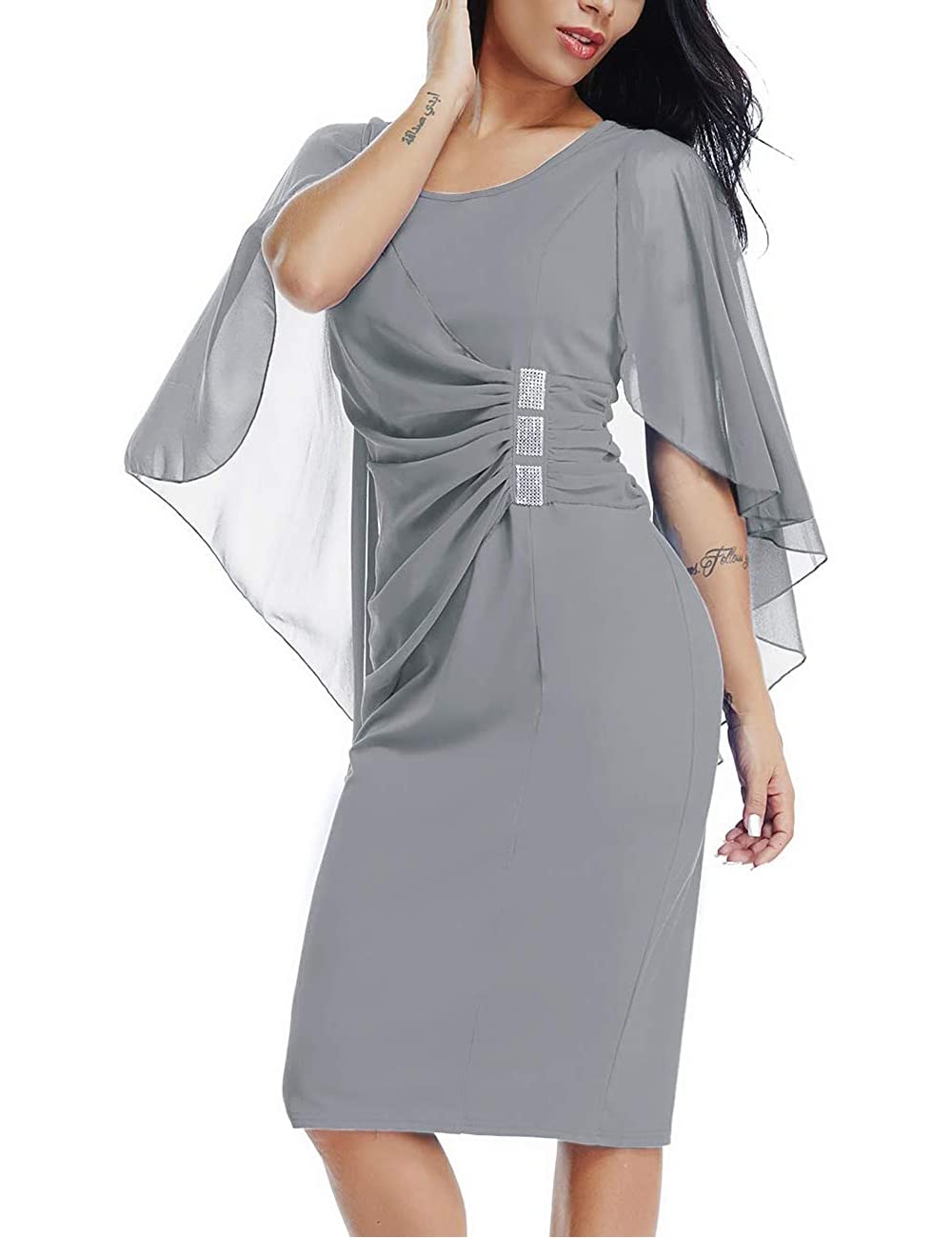 LALAGEN Womens Chiffon Plus Size Ruffle Flattering Cape Sleeve Bodycon Party Pencil Dress Grey XL
