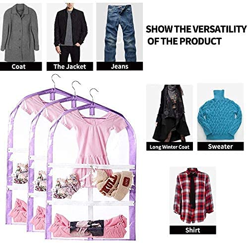 35" Kid's Garment Bag, Foldable Hanging Children's Dance Costumes Bags with 3 Pockets, Clear PEVA Garment Storage Bags (Purple, 3 PCS) - Thumbnail 5