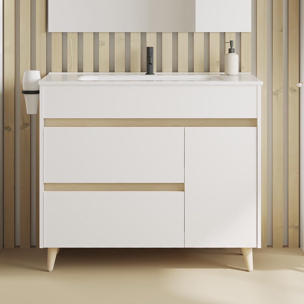AMIZUVA - Conjunto de Mueble de Baño Kaori con 2 cajones y 1 Puerta - Anchura 100 cm - Incluye Lavabo Cerámico - Lavabo para Baño con Acabado Blanco Brillo - Mueble Lavabo 100x85,5x46 cm