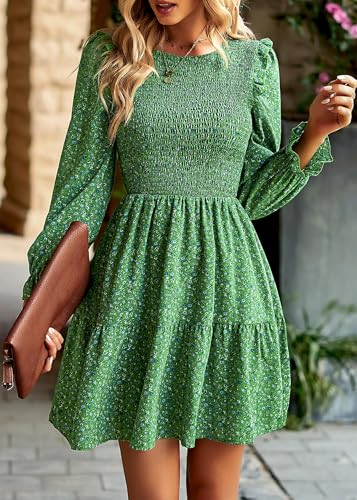 Image of KIRUNDO Long Sleeve Dress for Women 2025 Summer Fall Wedding Guest Smocked Floral Crewneck Ruffle A Line Flowy Mini Dress