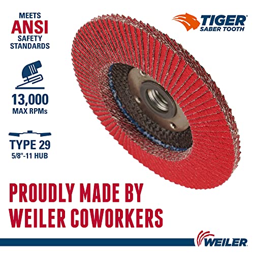Image of Weiler 50104 Saber Tooth 5 /8 inch-11 Arbor, 4-1 /2 inch Diameter, 36 Grit, Ceramic, Phenolic Backing, Angled Abrasive Flap Disc (Pack of 10)