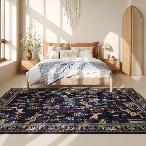Living Room Rug 6x9 Rug Machine Washable Boho Area Rug Non Slip Floral Animal Vintage Low Pile Large Rug for Living Room, Bedroom, Farmhouse, Dining Room, Kids Playroom (Blue)