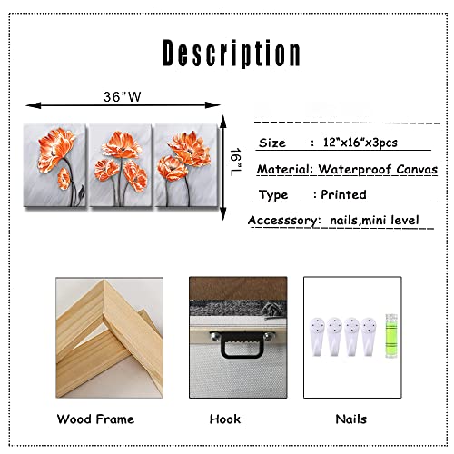 Image of Derkymo 3 Panels Elegant Poppy Wall Painting Orange Flower Canvas Wall Art Pictures of Poppy Flowers for Home Decoration Stretched and Framed Easy to Hang 12 inchx16 inchx3pcs