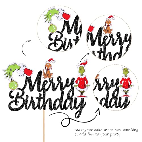 Zhuoweism ZW885-BLACK 1 Pcs Grinch Merry Birthday Cake Topper Assembled Glitter Xmas Dog Grinch Hand Merry Christmas Cake Pick For Christmas Theme Baby Shower Birthday Party Cake Decorations Supplies Black thumb #1