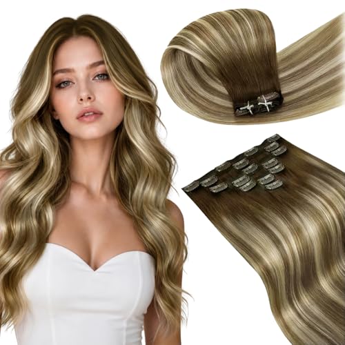 Image of LaaVoo Hair Extension Clip ins Ombre Brown to Blonde, 5pcs 20inch 80g | Remy Human Hair Clip in for Travel, Natrual, Quick Volume, Seamless, Double Weft