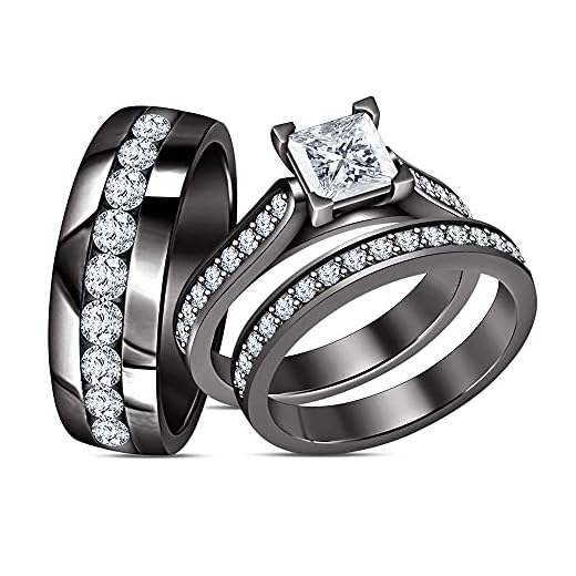 Purple Star His & Hers 1.00 Ct Diamond 14K Black Gold Over Trio Wedding Ring Set 925 Sterling Silver