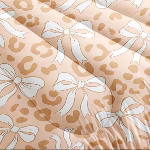 Image of AILONEN Nude Leopard Comforter Queen 3 Piece Coquette Bowknot Bedding Ultra Soft Microfiber Quilted Duvet Alternative Master Bedroom Decor Vibrant Beige Blanket 2 Cases