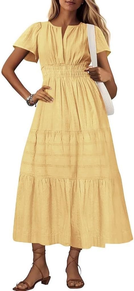 utcoco Women's 2025 Summer Short Sleeve V Neck Maxi Dress Casual Smocked Elastic Waist Flowy Swing Long Dress