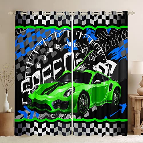 Feelyou Boys Race Car Window Treatments Race Sports Car Window Drapes for Kids Boys Sports Theme Curtains Checkered 30%-50% Blackout Curtain Fluorescent Green 42W X 63L,2 Panels