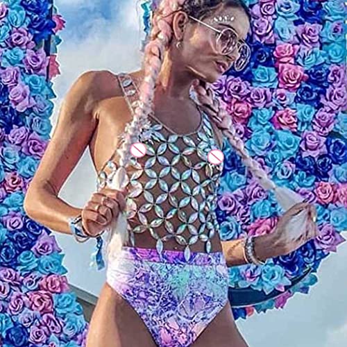Aiosy Sparkly Rhinestone Body Chain Bra Silver Women Crystal Backless Chest Chains Bikini Halter Mesh Tops Layered Rave Outfits Jewelry Sexy Harness Body Accessories for Nightclub Festival Party Beach