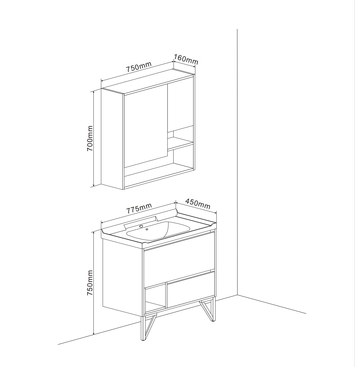 Kiamami Valentina - Mueble de baño 80cm, 2 cajones Gris Industrial, Patas de Acero y Espejo contenedor | Viena