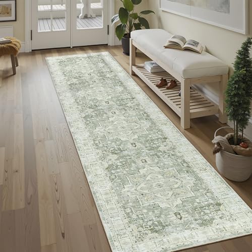 Madane Runner Rugs for Hallway 2x10 Long Washable Non-Slip Hallway Runner Rug Low-Pile Stair Kitchen Runner Soft Throw Carpet for Entrance Living Dining Laundry Room (Green/Ivory, 2 x 10)