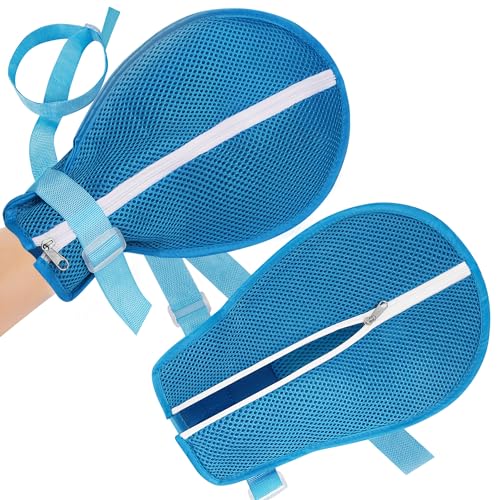 TOCCOOL Safety Mittens with Adjustable Wrist Strap for Dementia Care - Breathable Mesh Hand Protectors, Constraint Tool, Anti-Scratch Gloves for Elderly, Autism Patients (Blue, 1Pair)