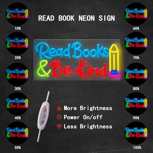 Image of Read Books Be Kind Neon Sign for Wall Decor Dimmable Read Books Neon Light for Classroom LED USB Classroom Sign for Bookstore Library Museum Study Room Christmas Birthday Gift Size 14.2In*7.1In