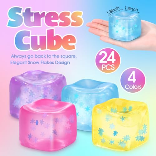 Image of Gemscream Stress Cube Bulk Slow Rising Ice Cube Stress Ball Sensory Squeeze Cubes Halloween Goodie Bag Stuffing for Adult Birthday Gift Anxiety Relief Party Favors(24 Pcs,Yellow, Pink, Purple, Blue)
