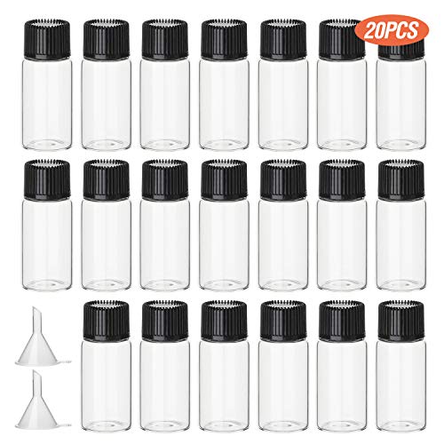 Hyber&Cara 20 stuks 5ml duidelijk glazen flessen kleine flesjes lege steekproefcontainers met schroefdop, bonus Mini trechters