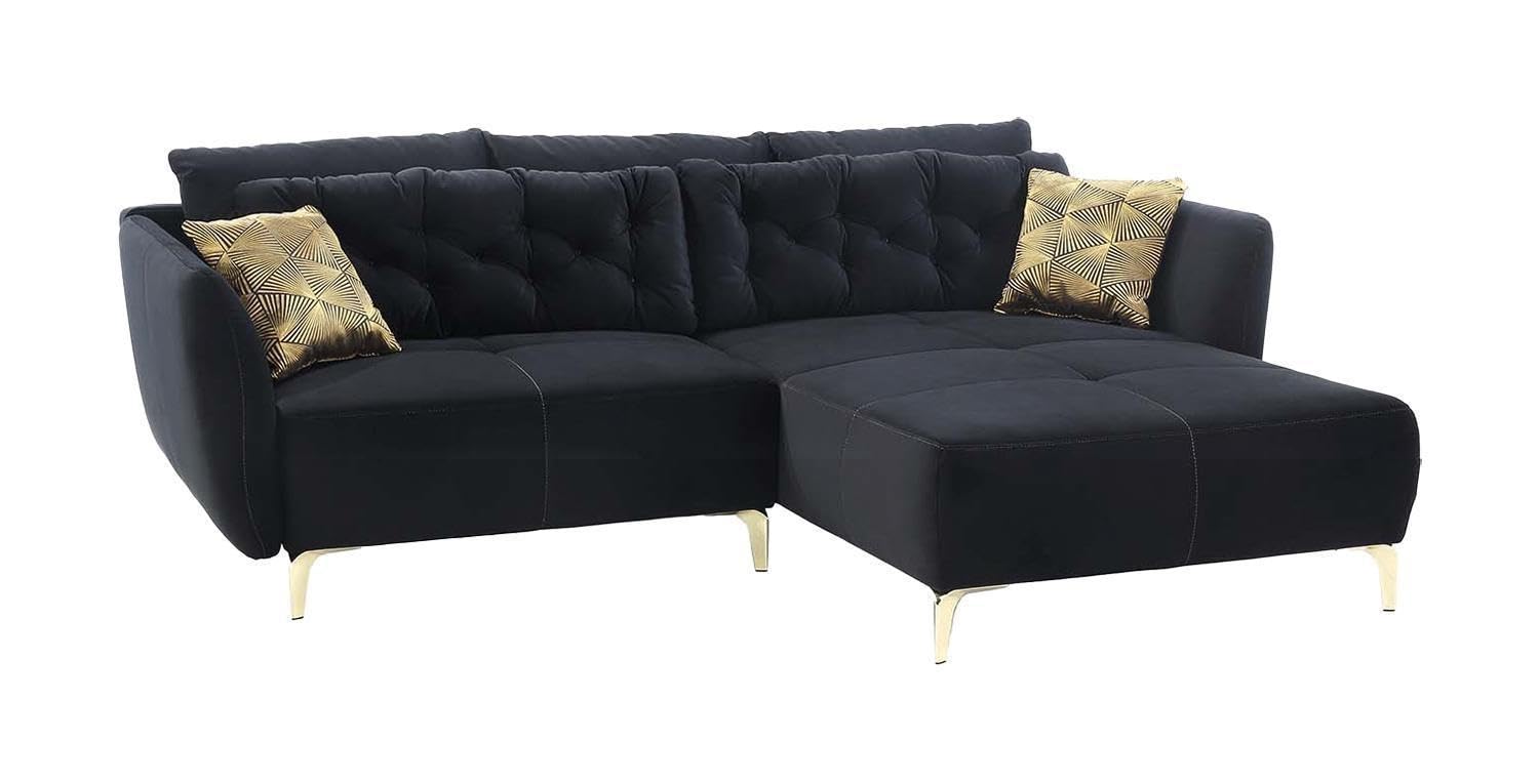 Generisch Ecksofa - 251 x 186 cm - Schwarz - Samt - mit Kissen