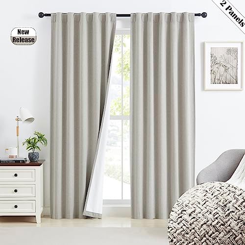 Beauoop Bedroom Blackout Window Curtains Herringbone Linen Textured Blackout Thermal Insulated Energy Saving Noise Reducing Drapes Back Tab Rod Pocket Window Treatment, 2 Panels (40 W x 84 L, Oatmeal)
