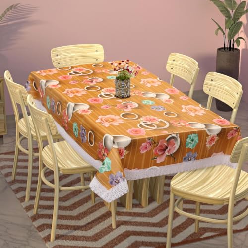 Image of Dakshya Industries 6 Seater PVC Waterproof Dining Table Cover 60x90 Inch | Floral Printed Washable Table Cloth with Lace Border