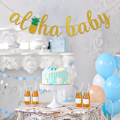 Dalaber Gold Glitter Aloha Baby Banner - Hawaiian Theme Baby Shower/Birthday Party Decorations - Summer Beach Party Decors Banner - Tropical Pineapple Baby Shower, Welcome Baby Sign Banner #TOP5