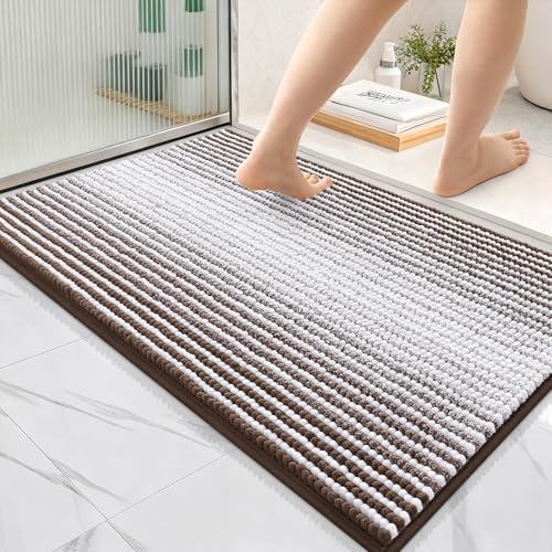 Image of OLANLY Bathroom Rugs 36x24, Extra Soft Absorbent Chenille Striped Bath Rugs, Rubber Backing, Machine Wash Dry, Bath Mats for Bathroom Floor, Tub and Shower, Home Decor Accessories, Brown