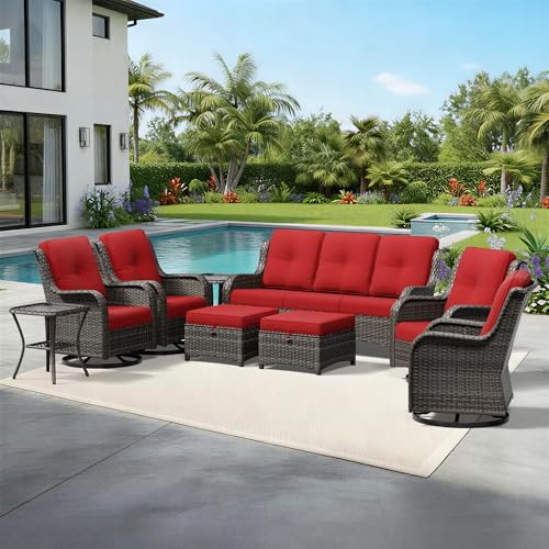 Image of Joyside 9 Piece Wicker Patio Furniture Set, Outdoor Swivel Rocker Patio Chairs with High Back, Deep Seating, Wide Armrest, Thickened Cushions, Outdoor Furniture for Deck, Porch Use