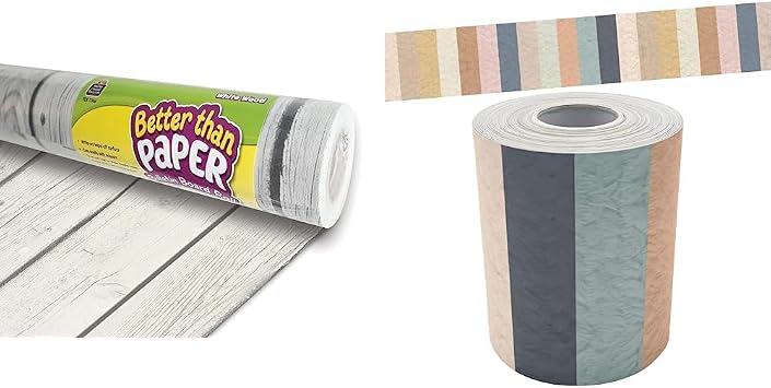 White Wood Better Than Paper Bulletin Board Roll and Teacher Created Resources Everyone is Welcome Stripes Straight Rolled Border Trim (Bundle)