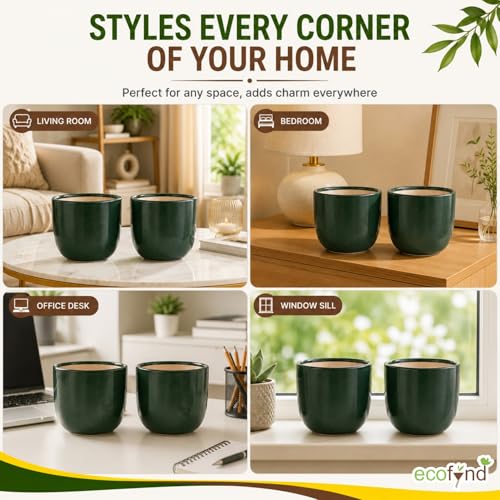 Image of ecofynd 5 Inch Ceramic Plant Pots with Drainage Hole, Modern Decorative Clay Flower Pots for Indoor Plants, Home Garden Decor for Living Room, Bedroom & Interior Spaces (Pack of 2, CPOT041-DGN)