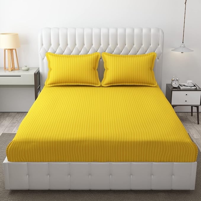 Image of DECOR2ADMIRE 300 TC Premium Glace Cotton All Round Elastic Fitted Plain Stripe Pastel Shades Queen Size Bedsheet with 2 Pillow Covers (Yellow, Queen 90 inch x 100 inch)