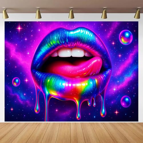 Image of BlissYard Neon Lips Galaxy Blacklight Tapestry Glow In The Dark UV Reactive Wall Hanging With Psychedelic Space Drip Poster Black Light Tapestries For Bedroom Party Decor 78x59 Inch