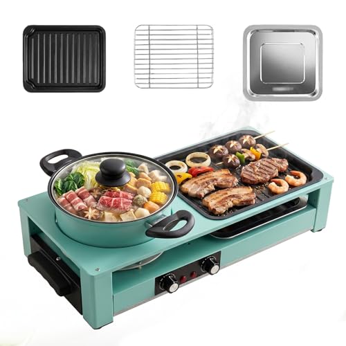 BEOSIOR Hot Pot Grill 2-in-1 Electric Grill with Hot Pot BBQ Grill Chafing Dish Indoor Nonstick and Smokeless 4L Control Electric BBQ Pot Cooker for 3-4 People 2200W for Party