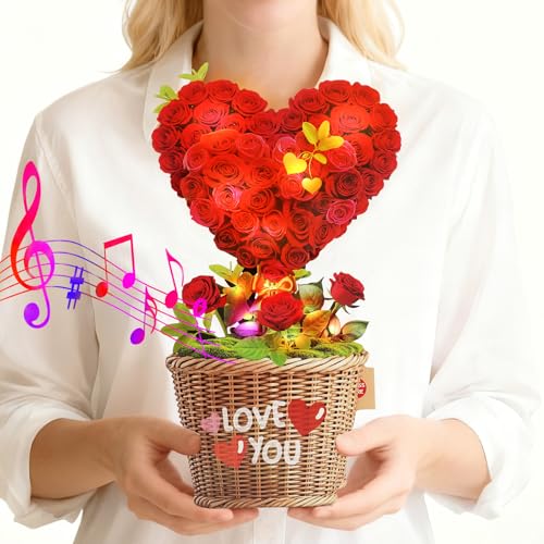 MZD8391 Valentines Day Cards with MUSIC & LIGHTS, Pop Up Birthday Card, Rose Heart, 10 Inch Life Sized Forever Bouquet Valentines Gifts for Her Women Wife Mom