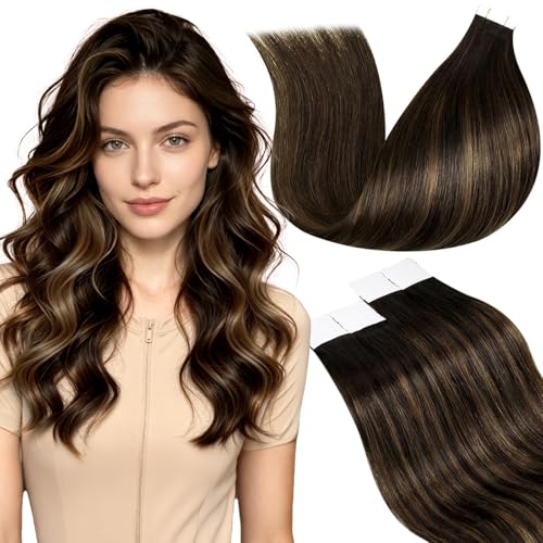 Image of LaaVoo Hair Extensions Tape in Ombre Brown to Light Brown Tape in Hair Extensions Human Hair Straight Tape on Extensions Human Hair Natural 14 Inch 50g 20Pcs