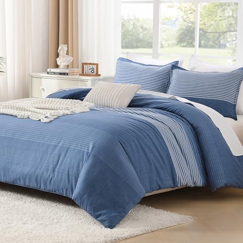 Litanika Comforter Set California King Size Sapphire Blue - 3 Pieces Lightweight Sapphire Blue White Colorblock Stripe Fluffy Bedding Comforter Sets, All Season Bed Set