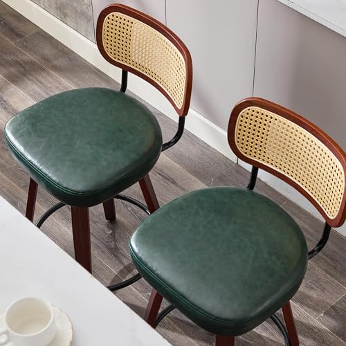 Image of Rattan Bar Stools Set of 2,Upholstered PU Leather, 26'' Counter Height Barstools with Back and Wood Legs,360Swivel,Mid-Century Modern Bar Stool for Kitchen Island Dining Room and Bar(Dark Green)
