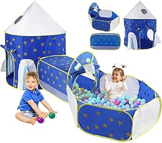 TTLOJ 3PC Rocket Ship Pit with Tunnel and Basketball Hoop, Unique Space and Planet Design Pop Up Playhouse, Upgraded Play Tent for Toddlers, Baby Crawl Playpen Indoors/Outdoors, Balls Not Included