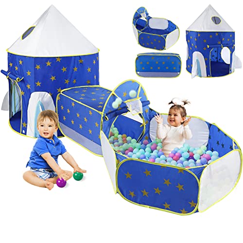 TTLOJ 3PC Rocket Ship Pit with Tunnel and Basketball Hoop, Unique Space and Planet Design Pop Up Playhouse, Upgraded Play Tent for Toddlers, Baby Crawl Playpen Indoors/Outdoors, Balls Not Included