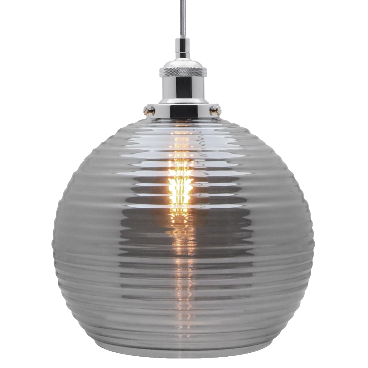Long Life Lamp Company Grey Ribbed Glass Globe Pendant Light Modern Vintage Smoked Glass Ceiling Pendant Lamp Fitting K409