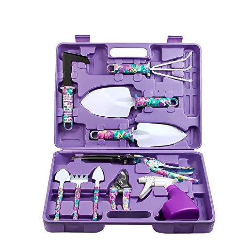 Jhua Garden Tool Set, 10 Pieces Gardening Tools Kit with Purple Flower Print, Ergonomic Handle Trowel Rake Weeder Pruner Shears Sprayer, Garden Hand Tools with Carrying Case Gardening Gifts for Women